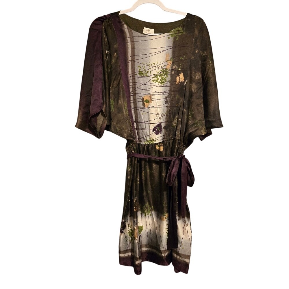 Suzi Chin for Maggy Boutique Silk Abstract Kimono Dress Olive Purple Size 10